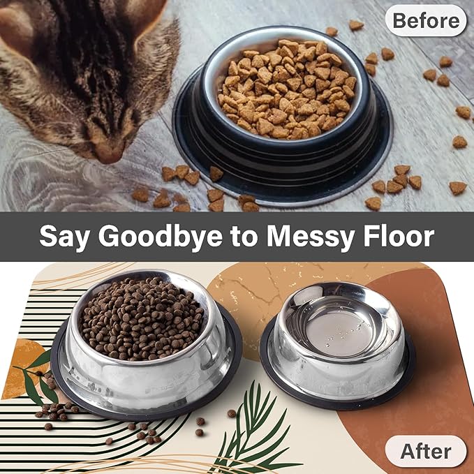 Cat Food Mat for Floors Waterproof Dog Mat for Food and Water Bowl Quick Dry Easy to Clean Nonslip Pet Mats, 17 * 30, Brown