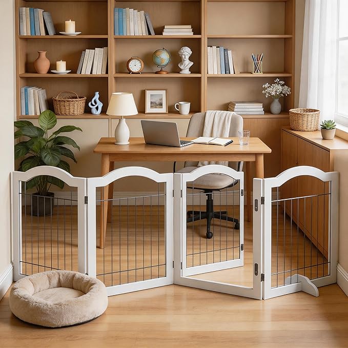 Vantas Folding No-Assembly Dog Door Pet Gate 96" Wide, 30" Tall Wooden Dog Gate with Door Walk Through, Freestanding Wire Pet Gate, Pet Puppy Safety Fence, with 2PCS Support – White