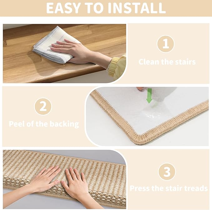 Brakki Bullnose Carpet Stair Treads, Stair Treads for Wooden Steps Indoor Runner and Pets, Non Slip Soft Edging Staircase Protectors, Washable, 29.5"x9.5"x1.5" 14pcs, Beige and Cream