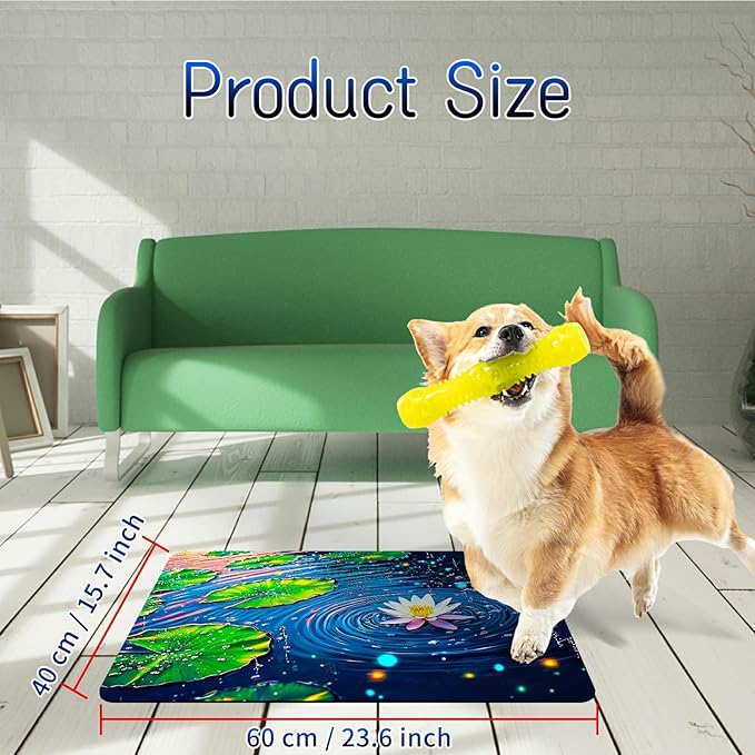 Dog Food Mat, 15.7" x 23.6" Absorbent Pet Feeding Mat for Food and Water, Waterproof Diatom Mud Pet Placemat with Non-Slip Rubber Backing, Cat Bowl Mat for Floors - Green Lotus Leaf Creek