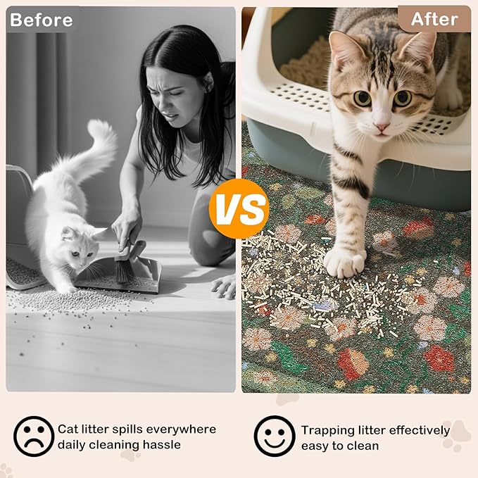 Bienbee Cat Litter Mat, 24" x 15" Litter Box Mat Rug with Non-Slip Bottom,Urine and Water Proof, Easy to Clean Cat Supplies Essentials for Indoor Kitty Kitten Floor, Green Flowers M
