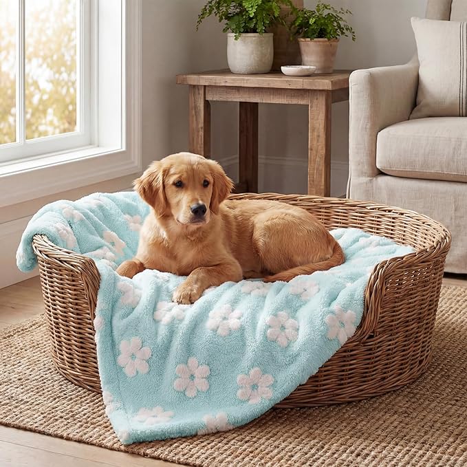 Horaldaily Pets Flannel Blanket, Blue Flowers 3D Textured Soft Fuzzy Fluffy Plush Cozy Fleece Premium Blankets for Dog Cat Puppy Kitten Couch Protection, 16x23