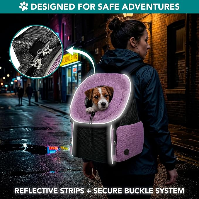 PetAmi Dog Carrier Backpack, Hands Free Front Pet Carrier for Small Cats Puppies, Adjustable Ventilated Reflective Pet Travel Bag for Hiking Camping Biking Walking, Up to 10 lbs, Purple