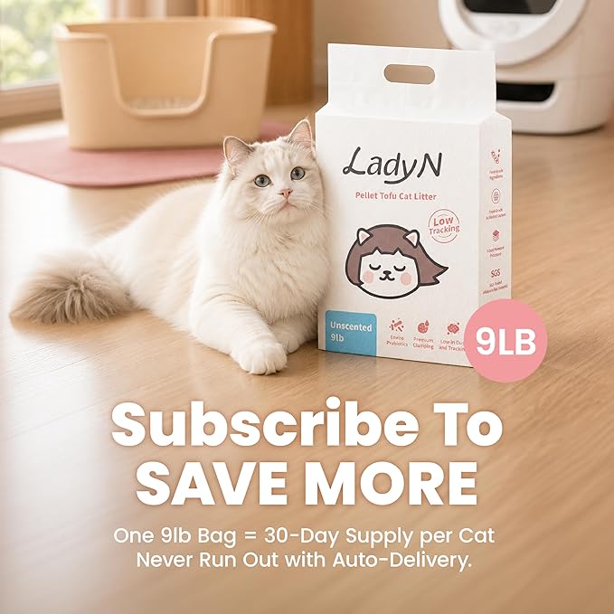 Lady N Pellet Tofu Cat Litter Boba Tea Scent, Strong Clumping, Ultra Absorbent, Dust-Free, Low Tracking, Water-Soluble, Natural Ingredients, Enviro-Probiotic Odor Control 18lb