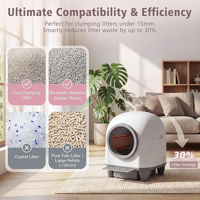 Greesum Self-Cleaning Cat Litter Box with APP Control, Large Capacity Automatic Litter Box for Multiple Cats, Safety Sensor Protection, Low Noise Smart Litter Box with Waste Bin, Litter Mat & Bags