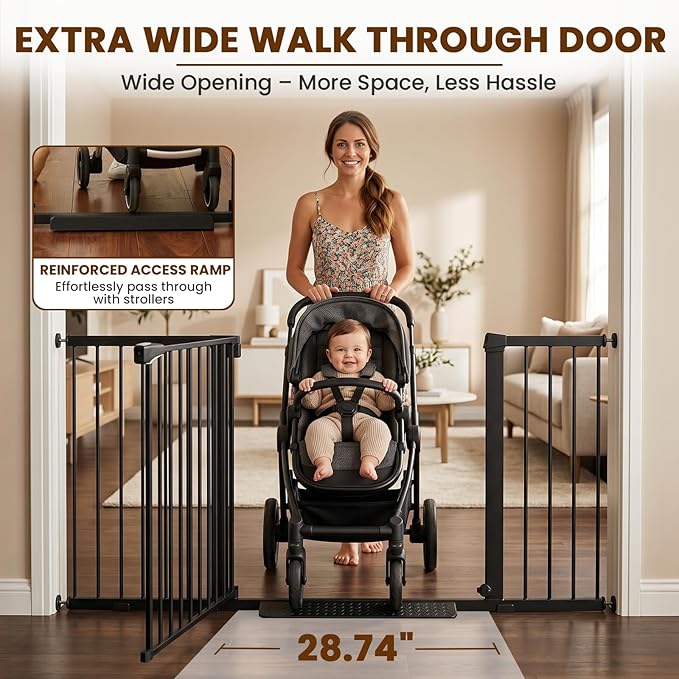 Mumeasy Extra Wide Large Baby Gate for Doorways, 36-66" Walk Through Wide Long Dog Gate for Door & Stair, Auto Close Dual Swing Pressure Mounted Child Safety Gate for Toddlers, Puppies & Pets, Black