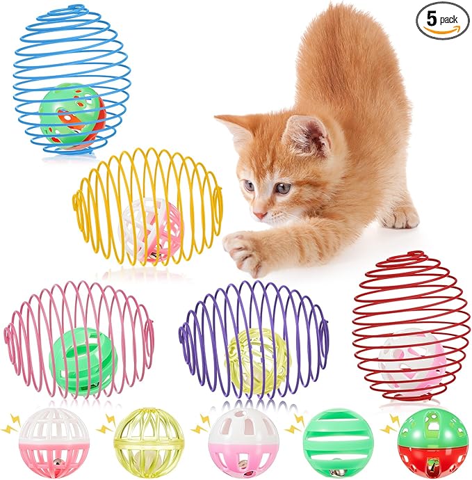 Jecery 5 Pcs Cat Spring Toys Stretchable Rolling Balls Colorful Playful Coils Interactive Action Toy Caged Rats for Kitten Pet Supplies (Bell Ball,Multicolor)
