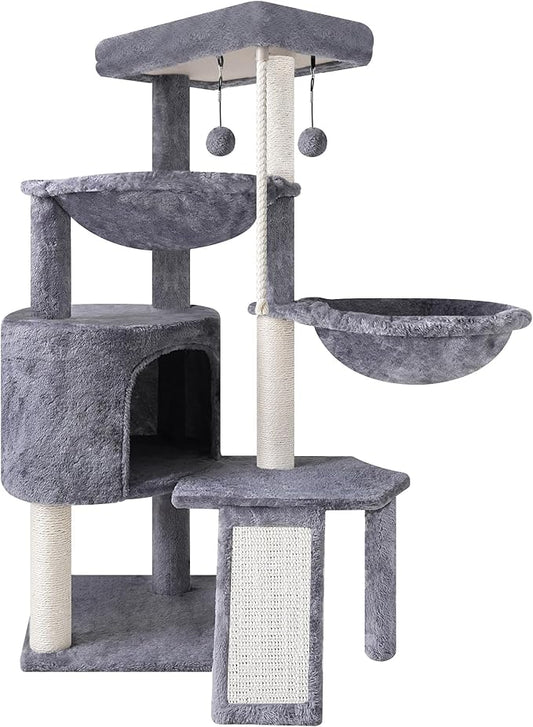 3-Tier Cat Tree with 2 Hammocks & Condo, Grey | Multi-Level Indoor Cat Tower with Natural Sisal Scratching Posts, Rope Ladder, Replaceable Hanging Balls | Sturdy Cat Furniture for Kittens & Adult Cats