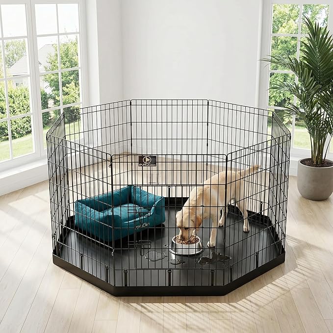 PJYuCien Octagonal Dog Playpen with Bottom Pad - Metal Foldable Exercise Pen, 8 Panels 36" H x 24" W Indoor Outdoor Pet Fence Puppy Crate Kennel, Black