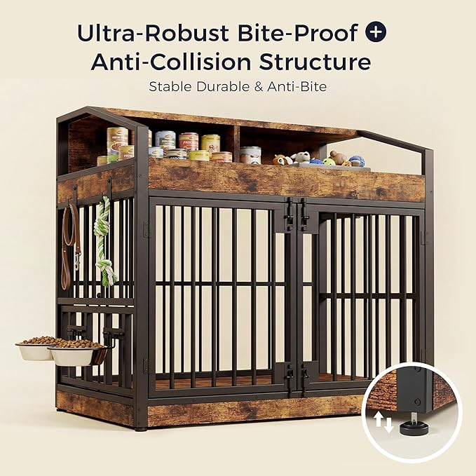IRONCK Dog Crate Furniture with 360° Rotatable Bowls, 39.4" Wooden Dog Kennel Indoor with Top Storage Shelves, Heavy Duty Decorative Pet Crate End Table with 4 Hooks for Medium Dogs, Rustic Brown