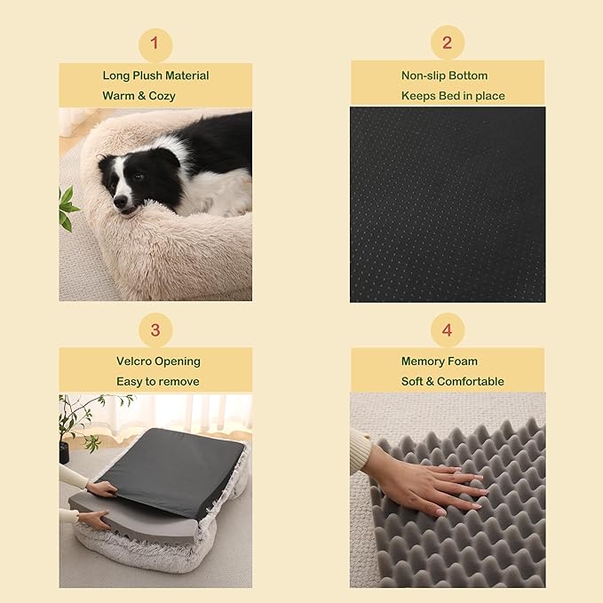 Orthopedic Dog Bed for Large Dogs - Washable Memory Foam Pet Sofa, Fluffy Plush Rectangular Bed, Waterproof Anti-Anxiety Couch, Light Gray, L