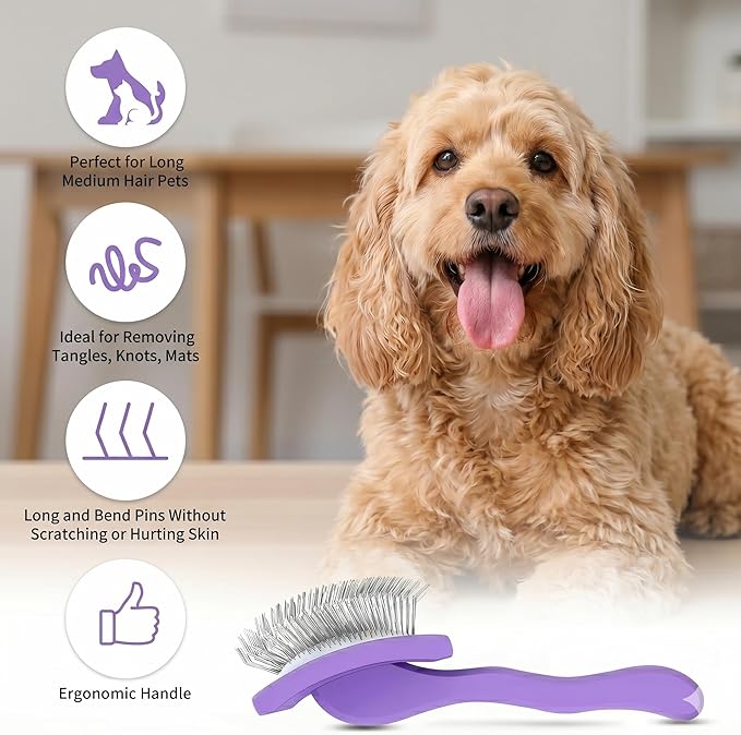 Dog Slicker Brush for Goldendoodles, Poodles & Long Haired Dogs - Long Pin Doodle Brush & Pet Comb Kit Removes Tangles Loose & Knots, Professional Grooming Tools with Wooden Handle, Purple