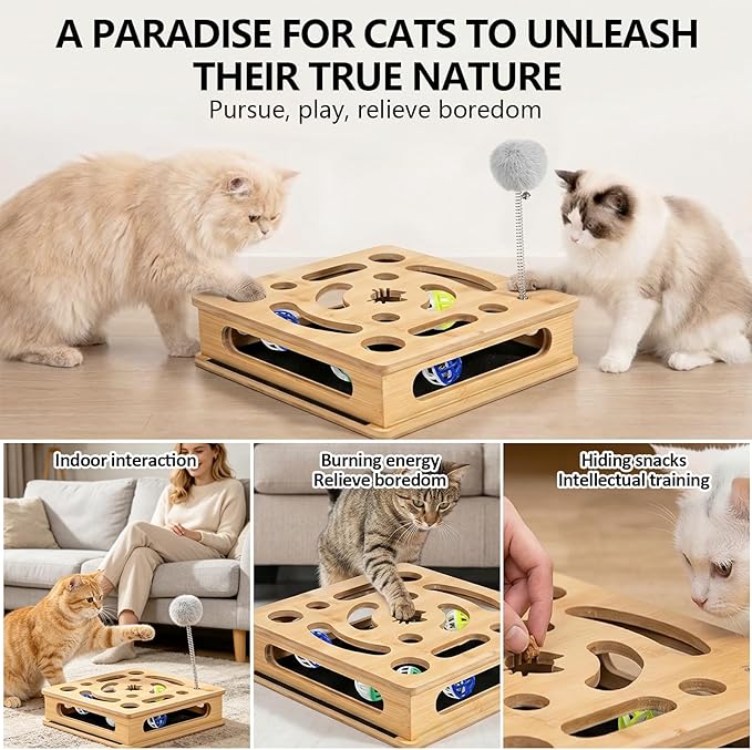Cat Nail File Enrichment Box, Bamboo Wooden Cat Scratch Puzzle Box, Nail File Scratcher for Indoor Cats