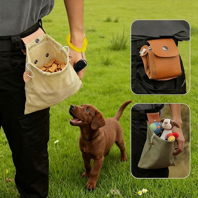 Dog Treat Pouch with Training Clicker & Whistle - Stylish & Portable Large-Capacity Foldable Pet Training Pouch with Wlastic Belt for Outdoor Use/Pet Training (Khaki)