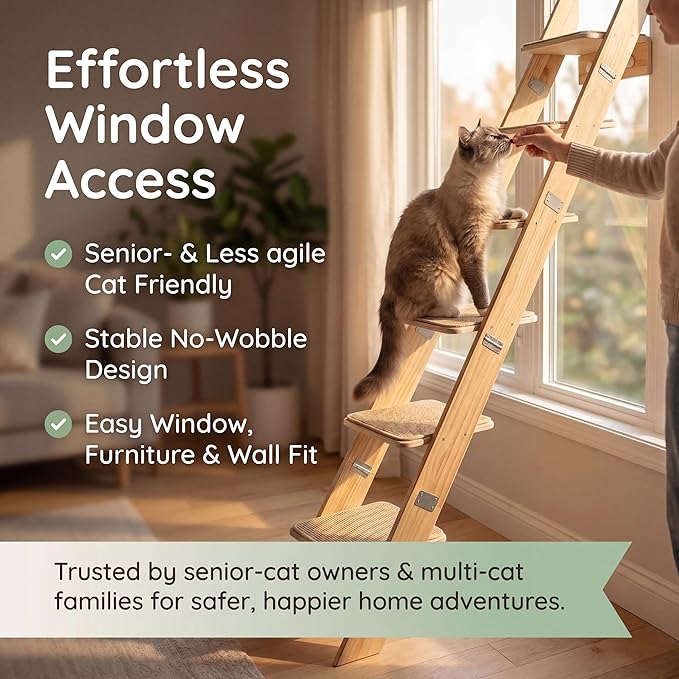 65" Tall 6-Level Cat Ladder for Window & wall | Fits Cats up to 20 lbs |Senior & Less Agile cat Stairs for Window with 55° Gentle Incline | Requires 43" Floor Clearance | No-Drill Glass Installation
