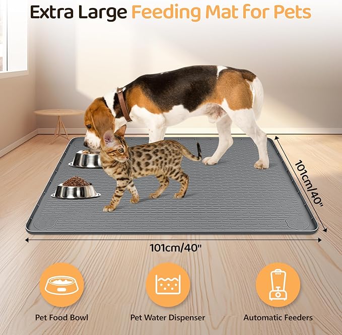 Dog Food Mat, Extra Large 40" x 40" Silicone Pet Feeding Mat with Raised Edge Pet Placemat for Small, Medium, and Large Pets Non-Slip, Easy to Clean (Dark Grey)