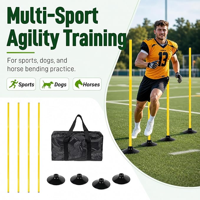 6 Pack Soccer Agility Training Poles, 5 FT Adjustable Speed and Agility Training Equipment for Football/Basketball/Dog Practice, Bending Poles for Horses with Rubber Bases and Carry Bag