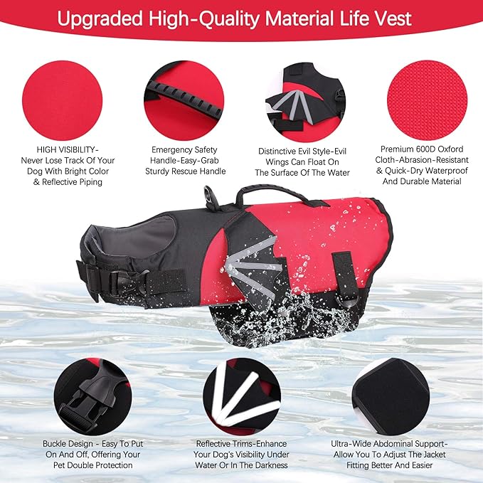 ROZKITCH Dog Life Jacket, Red Ripstop Pet Floatation Evil Life Vest for Small Middle Large Dog, Safe Durable Comfortable Adjustable Preserver with High Buoyancy for Swimming Boating at Pool Beach