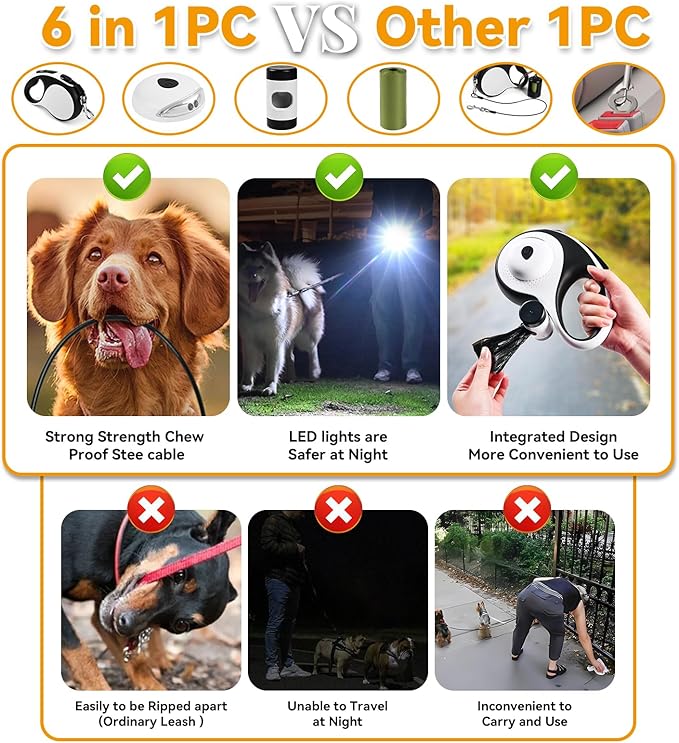 Heavy Duty Retractable Dog Leash for Large Dogs, 26ft Dog Leash with Poop Bag Holder, Up to 110lbs, chew Proof Cable, LED Light, 360° No-Tangle, One-Handed Pause & Locked (White, L 26ft)