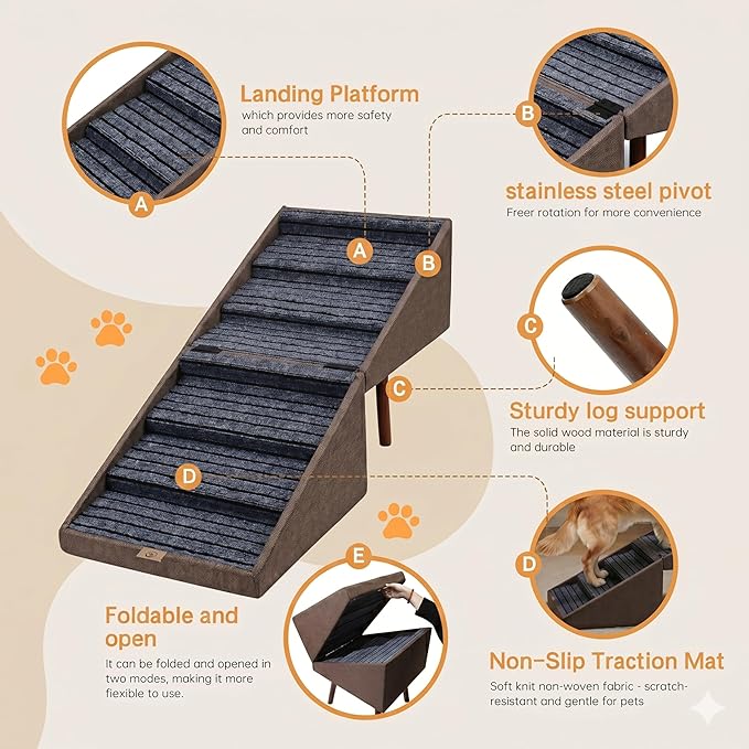 2-in-1 Dog Stairs for Bed and Couch, 21.6 Inch High,Foldable Ottoman with 6 Steps, Joint Relief for Small and Large Dogs (Coffee H 21.6'')