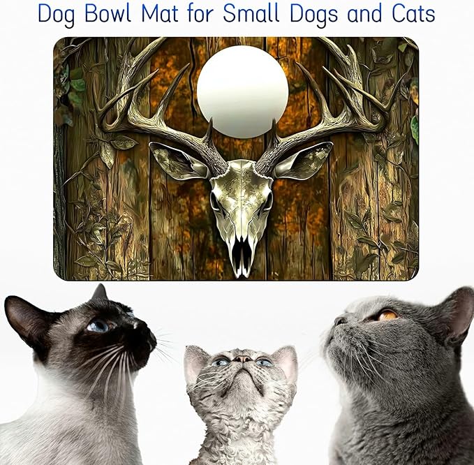 Dog Food Mat, 15.7" x 23.6" Absorbent Pet Feeding Mat for Food and Water, Waterproof Diatom Mud Pet Placemat with Non-Slip Rubber Backing, Easy Clean Cat Bowl Mat for Floors - Moon Deer Head