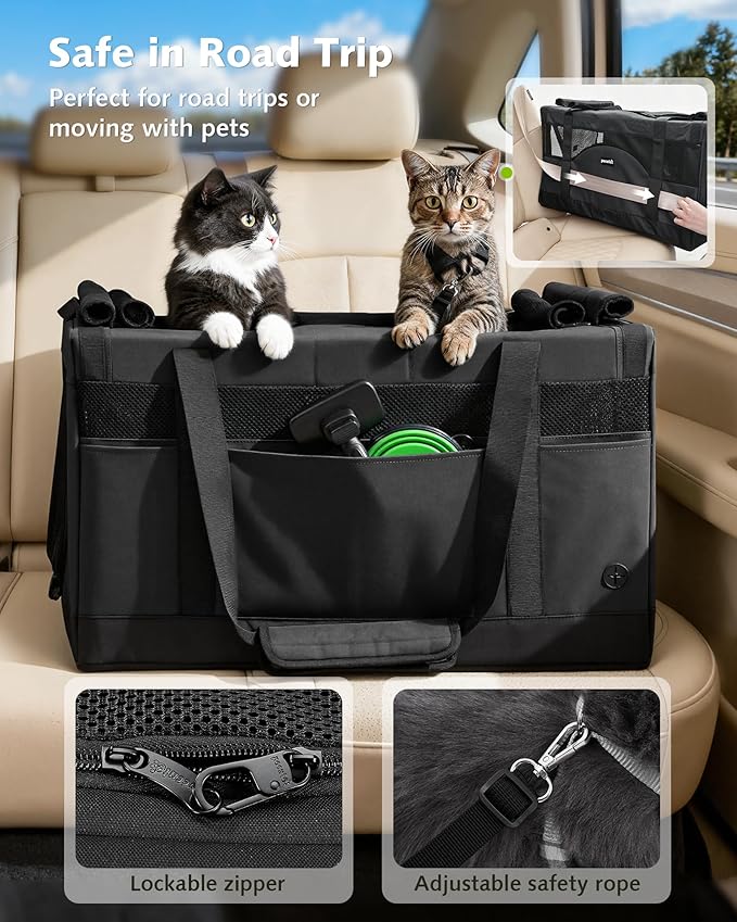 Pecute Dual Compartment Pet Carrier for Multi-Cat Families & Small Dog Owners, Collapsible Dog Crate with Reinforced Steel Frame, Car Safety Design for Travel, Vet Visits & Home Use, Dark Gray