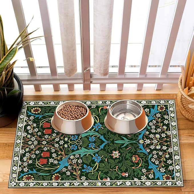 Pet Dog Cat Food Mat, Absorbent Dog Bowl Mat for Food and Water, Quick Dry Placemats Feeding Mats with Non Slip Rubber for Floors Indoor Puppy Pet Accessories Supplies 16 * 24 inch, Dark Flowers