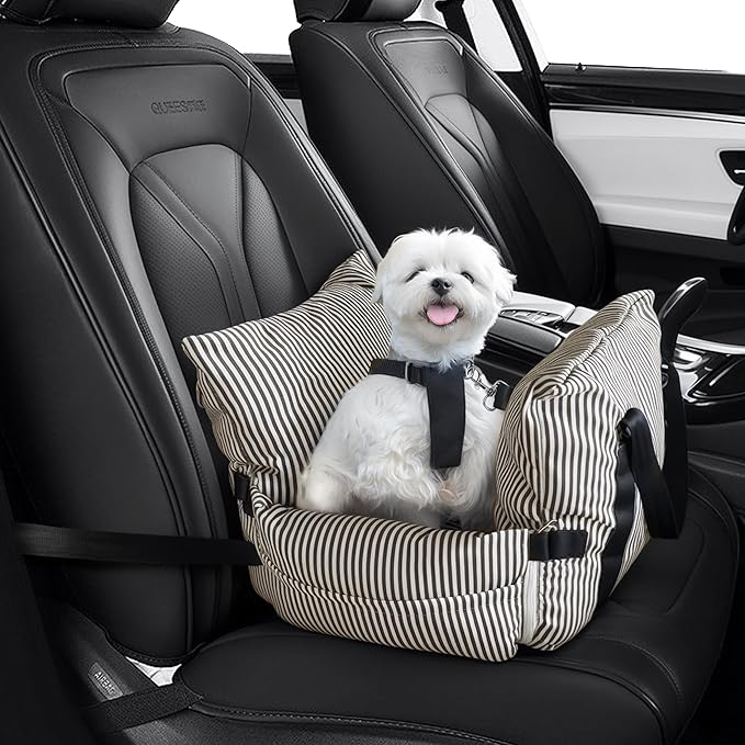 Versatile Dog Booster Car Seat Bed for Small Dogs Puppy Cats Pet Carrier with Side Pockets, Expandable Dog Bed Auto, Brown Stripes
