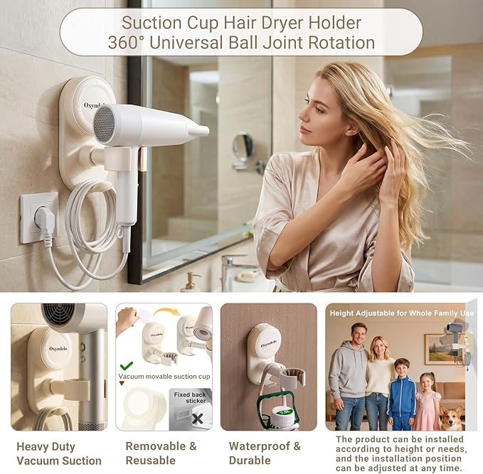 Hair Dryer Holder Wall Mounted Suction Cup Blow Dryer Stand with Cord Organizer Compatible with All Dryer 360°Adjustable No Drill Installation Hair Dryer Stand for Bathroom, Bedroom (Cream White)