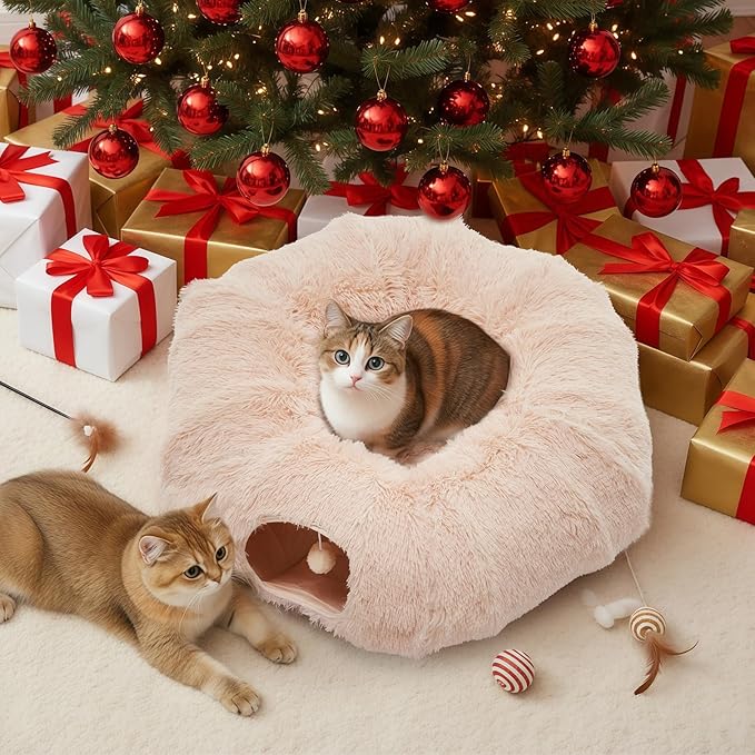 DUMOS Cat Tunnel Bed for Indoor Cats Cave Donut Play Tunnel, Soft Plush Peekaboo, Circle Cushion, Washable Multifunctional Playground Under Tree Pet Toys for Kittens, Puppy Rabbit, Ferret -Cream White