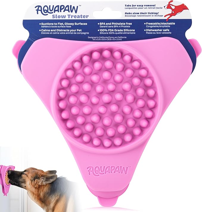 Aquapaw Anti-Slip Dog Lick Mat - Suction Cup Slow Feeder Pad - Calming Bath & Grooming Aid - Mental Stimulation Treat Toy - Pink