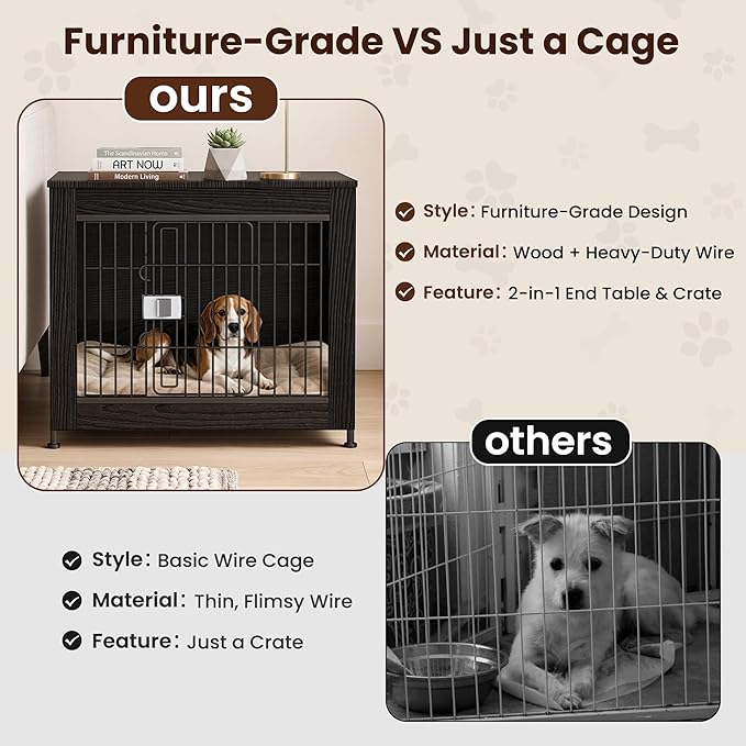 Wooden Dog Crate Furniture, 27in Dog Cage Furniture with Slide Safety Latch, Indoor Decorative End Table for High Anxiety Dogs, Furniture Style Dog Crate for Small to Medium Dogs, Black