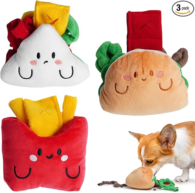 Nocciola Squeaky Hide and Seek Dog Snuffle Food Toys, Interactive Plush Stuffed Pet Supplies for Puppy Small Medium Breeds, Cute Burrow Cognitive Digging Treat Hiding Enrichment Puzzle Toy, 3 Packs