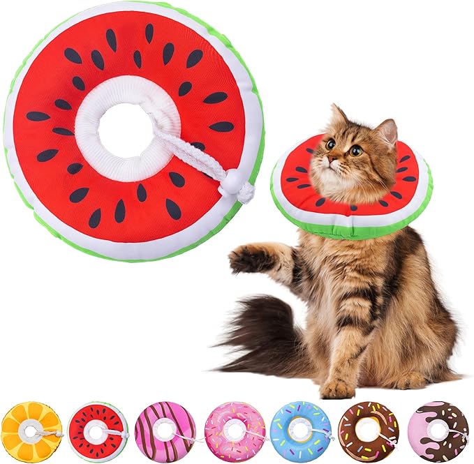 Seyezo Cat Cone Collar Soft, Adjustable Cat Recovery Collars Kitten Cones to Stop Licking, Cute Donut E Collar After Surgery, Protective Elizabethan Collar for Kittens (Watermelon, Large)