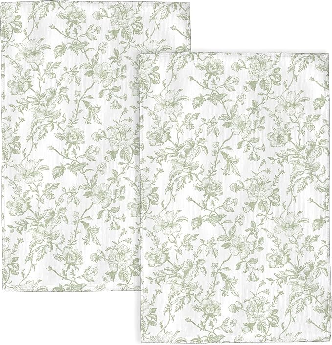 Sage Green Floral Kitchen Towels Vintage Light Sage Green Floral Dish Towel 16×24 Inch Soft Absorbent Flowers Hand Cloths for Kitchen Drying Decore Set of 2