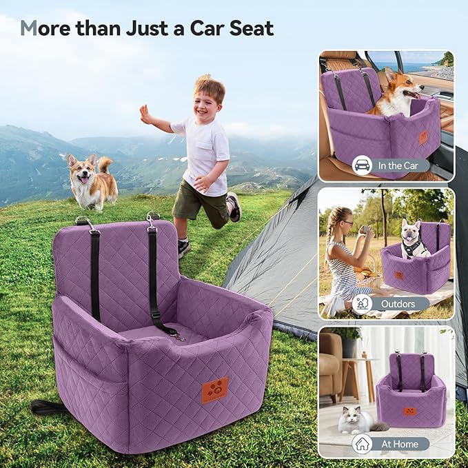 GL GLENSLAVE Dog Car Seat for Small/Medium Dogs Under 35lbs,Memory Foam Dog Booster Seats,Detachable and Washable Traval Pet Car Seat, Dogs Bed with 2 Safety Belts (Purple)