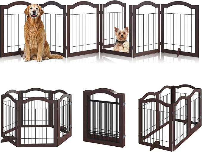 Vantas Espresso Wooden Folding Dog Gate 144" Wide x 30" Tall with Door, Freestanding Pet Gate, Pet Puppy Safety Fence