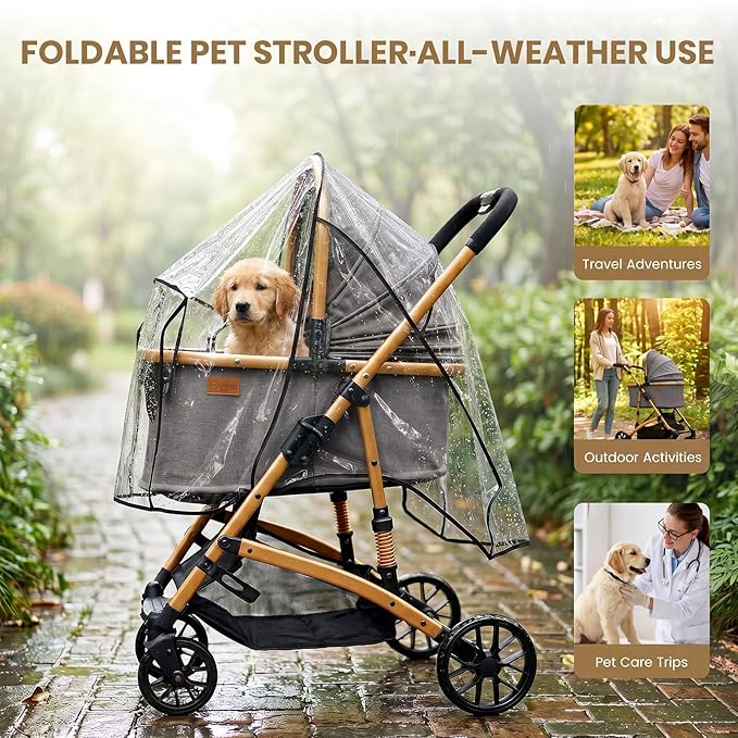 3-in-1 Dog Stroller with Rain Cover, Quick Foldable, Detachable Carrier & Car Seat, for Medium Dogs Cats Up to 50 lbs, Anti-Shock Solid Rubber Wheels, Grey