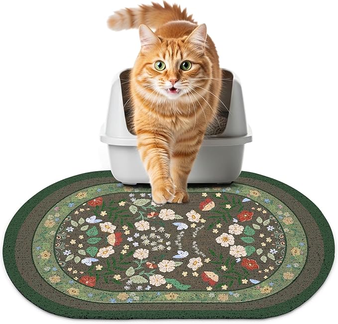 Bienbee Cat Litter Mat, 24" x 15" Litter Box Mat Rug with Non-Slip Bottom,Urine and Water Proof, Easy to Clean Cat Supplies Essentials for Indoor Kitty Kitten Floor, Green Flowers M