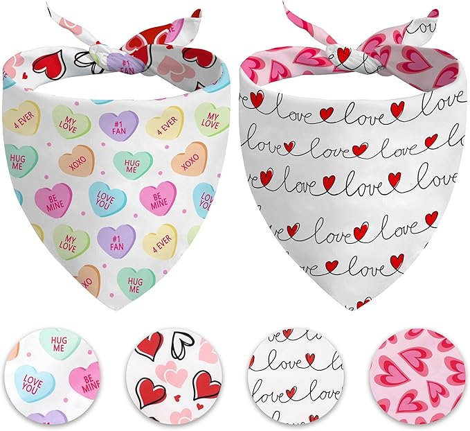 Valentine's Day Dog Bandana Reversible 2 Pack Small, Valentine Day Pet Bandanas for Dogs Love Heart Adjustable Triangle Holiday Scarves for Small Medium Boy Girl Dogs