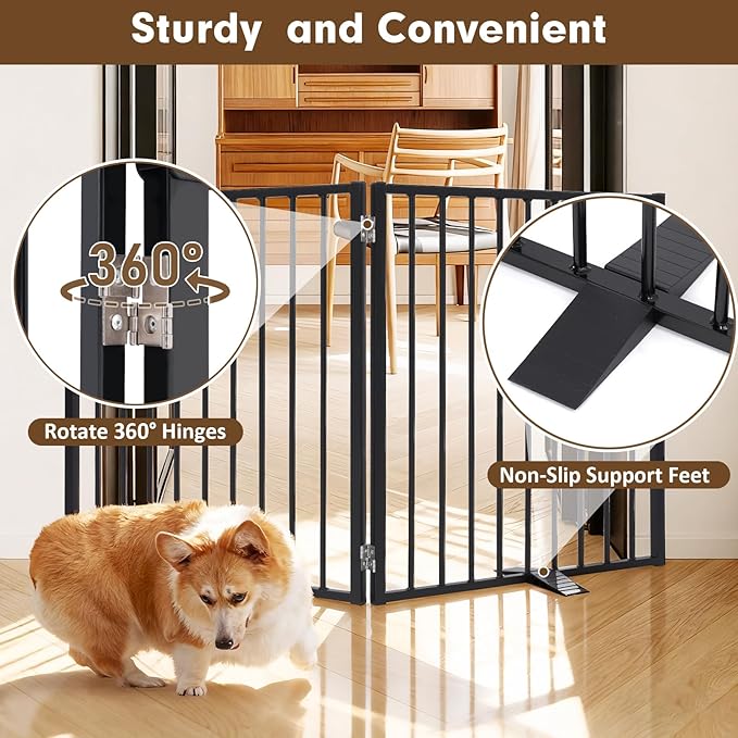52" Extra Wide Dog Gate Indoor, Heavy Duty Metal Freestanding Dog Gate-Auto Close, Foldable Pet Fence – Anti-Topple Stability Feet for Stairs, Doorways,House,Porch,Deck,Yard(2 Panels,Black)