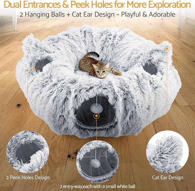 Cat Tunnel Cat Bed for Indoor Cats,Christmas Tree cat Tunnel 3-in-1 Foldable Plush Donut Tunnel with Washable Cushion, Peekaboo Cat Cave with Ears for Kittens, Puppy, Rabbit (Gray)