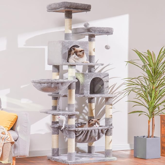 Heybly Cat Tree, 70 inches Tall Cat Tower condo with Toy for Indoor Large Cats, Cat House Furniture with Padded Plush Perch, Cozy Hammock and Sisal Scratching Posts,Light Gray HCT032W