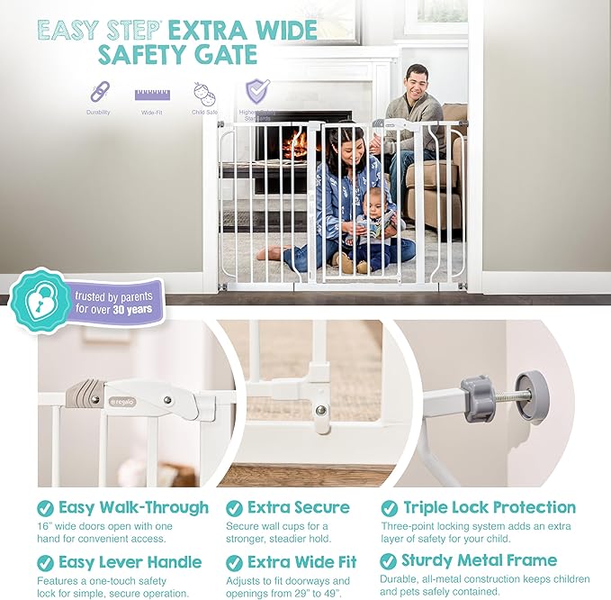 Regalo Safety 29-49" Easy Step Extra Wide Baby Gate for Doorways & Bottom of Stairs, Pressure Mounted Safety Gate with Door for Babies, Toddlers & Pets, White