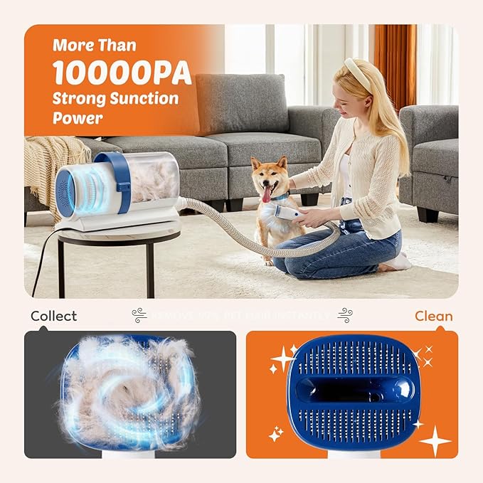 DUMOS Pet Grooming Vacuum Kit, 3 Adjustable Suction Modes Dog Clipper, 5 Professional Grooming Tools with Cordless Low Noise Cat Hair Clippers, 2.5L, Blue & White