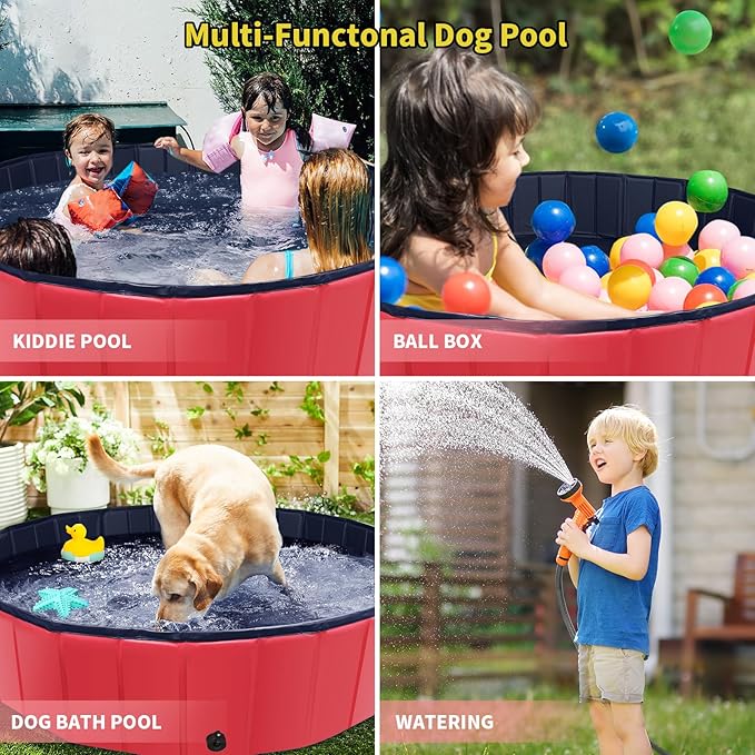 CACSPS Foldable Dog Pool, 71" x 14" Large Kiddie Pool with Hard Plastic, Non-Slip Dog Bath Tub for Outdoor Backyard, Collapsible Dog Swimming Pool for Kids Dogs Pets (Red)