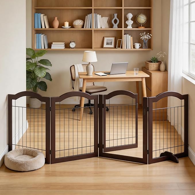 Vantas Folding No-Assembly Dog Door Pet Gate 96" Wide, 30" Tall Wooden Dog Gate with Door Walk Through, Freestanding Wire Pet Gate, Pet Puppy Safety Fence, with 2PCS Support – Espresso