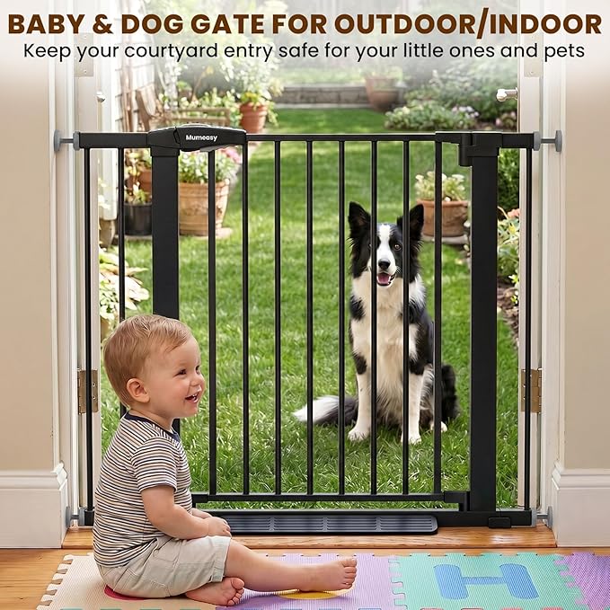 Mumeasy 29.7-40.6" Baby Gate for Stairs, Auto Close Dog Gate for Doorways, Pressure Mounted No Drill Pet Gate with Easy Walk Thru Door, Double Lock, Black