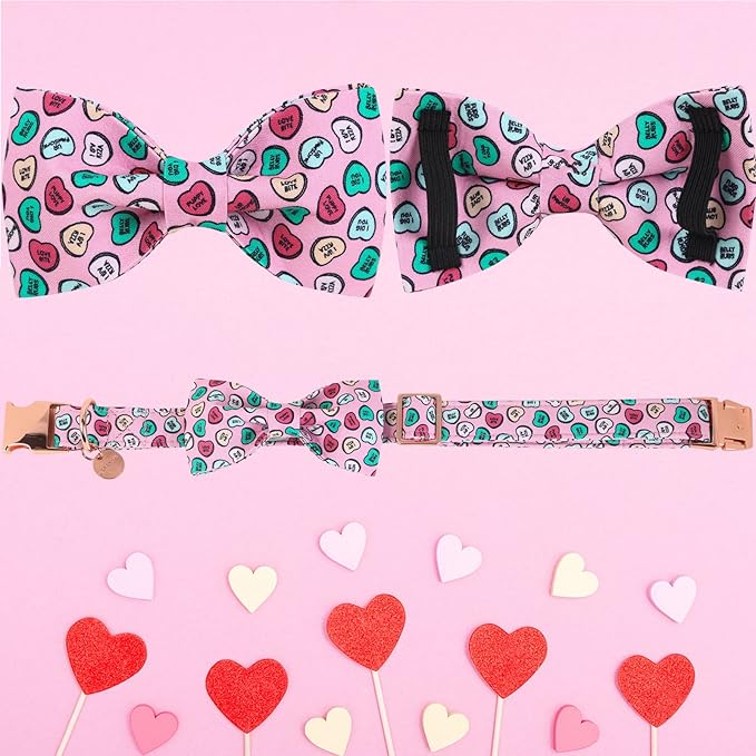 Valentine Dog Collar with Bow Tie, Pink Cotton Collar with Metal Buckle, XS, Neck 8-12in