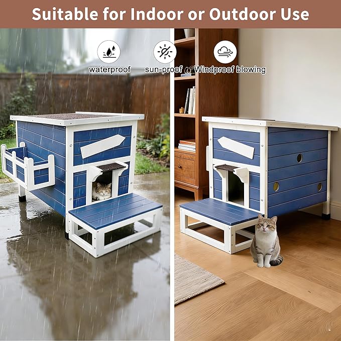 Rockever Outdoor Cat House, Large Outdoor Houses for Feral Cats Wooden Outside Cat Shelter Weatherproof with Escape Door